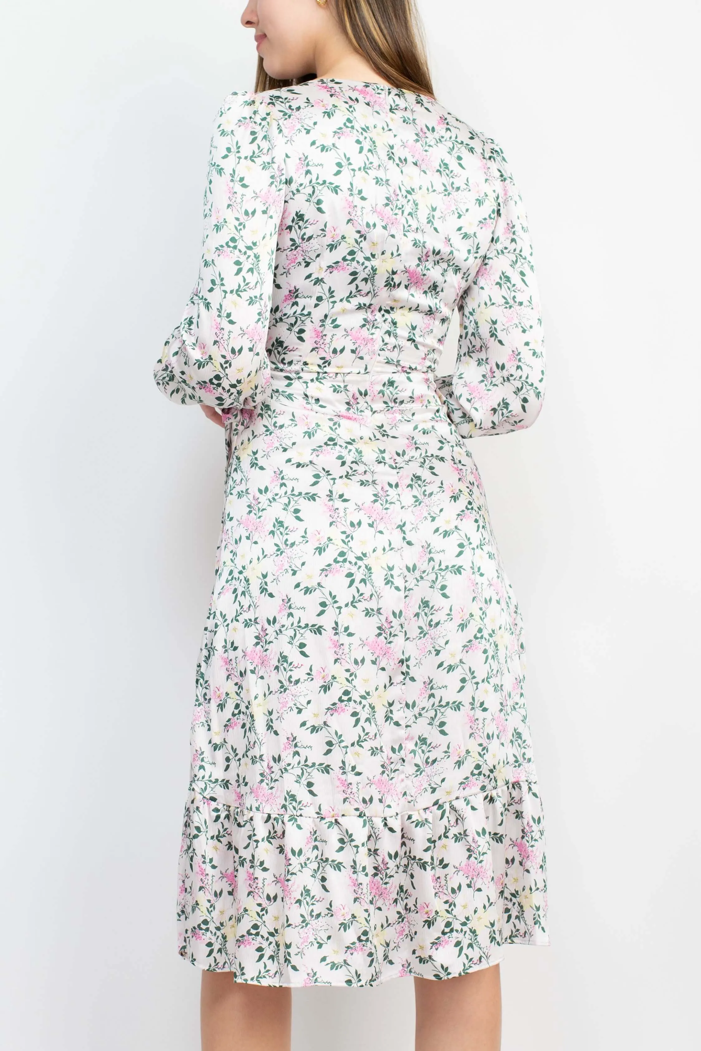 Sage Collective V-Neck Tie Side Long Sleeve Ruffled Cuff And Sleeve Floral Print Satin Dress