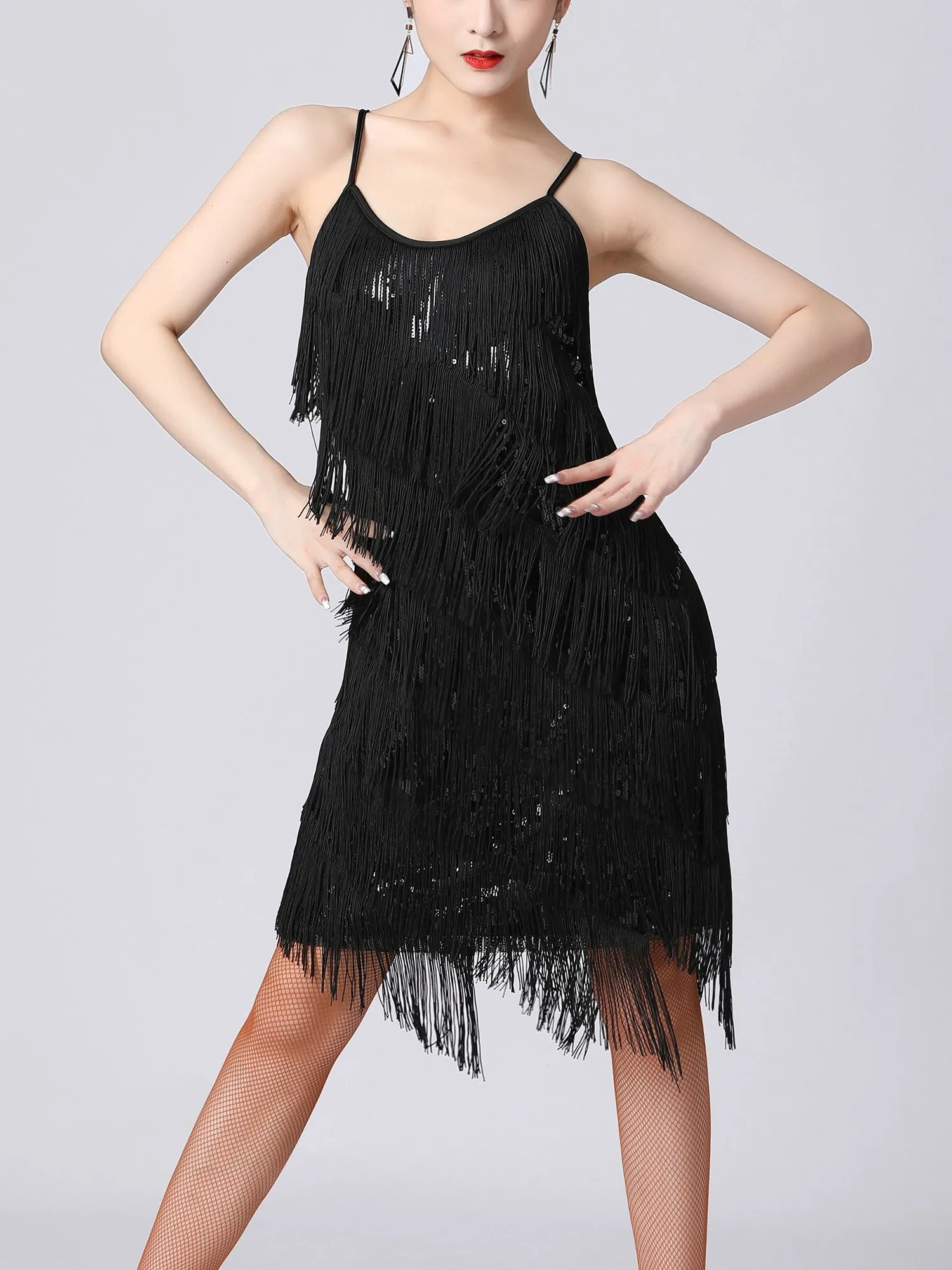 Sequin Fringe Latin Dance Dress Sleeveless Salsa Tango Dance Wear