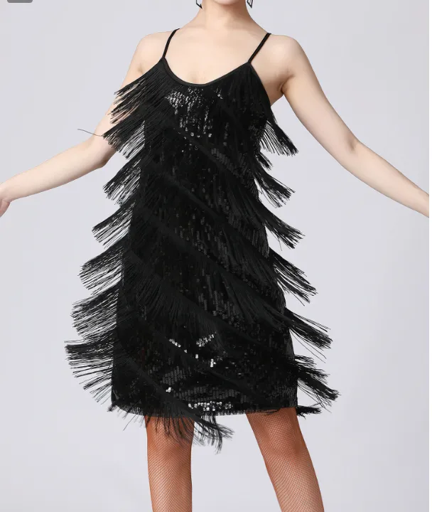 Sequin Fringe Latin Dance Dress Sleeveless Salsa Tango Dance Wear