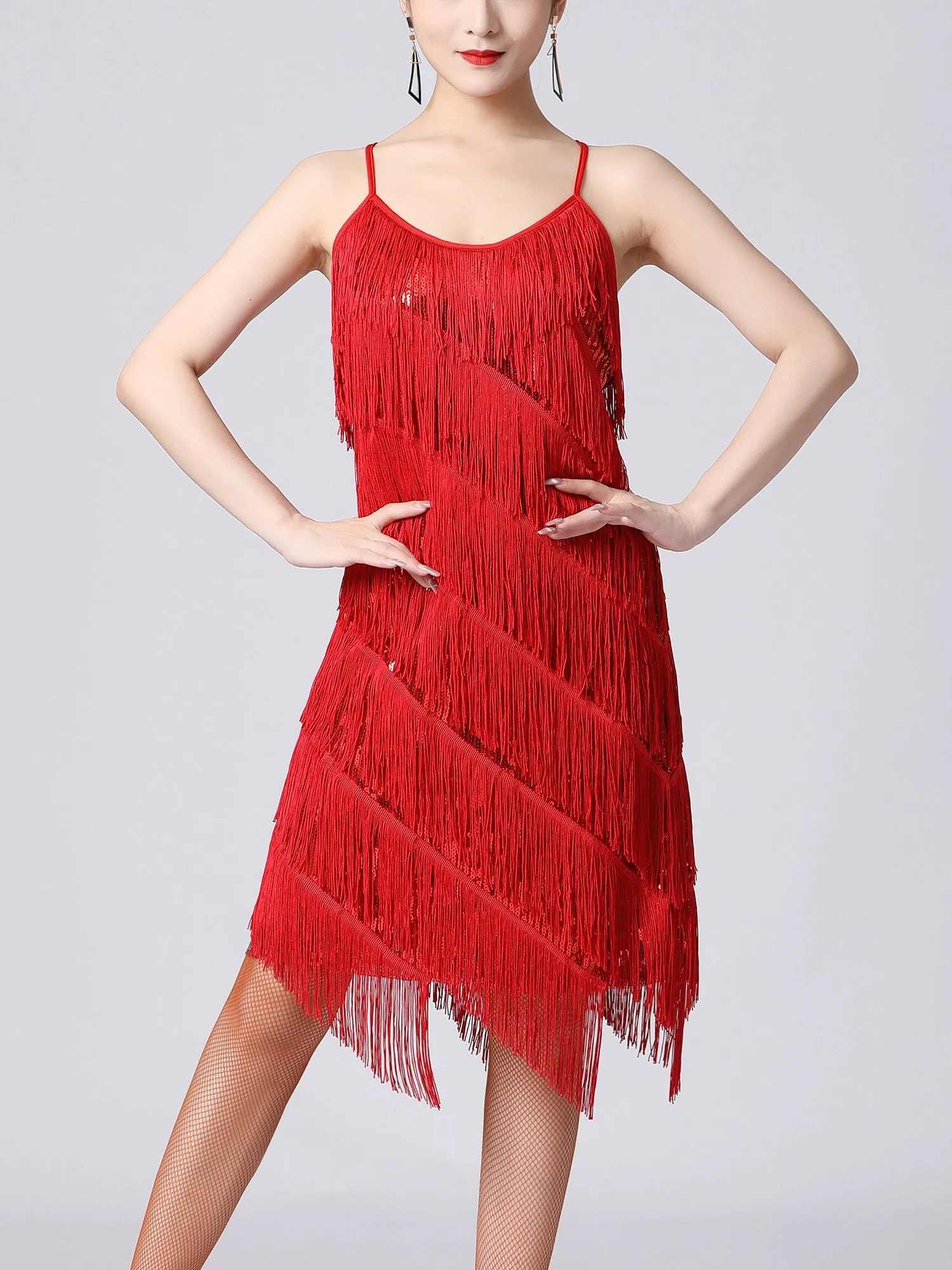 Sequin Fringe Latin Dance Dress Sleeveless Salsa Tango Dance Wear