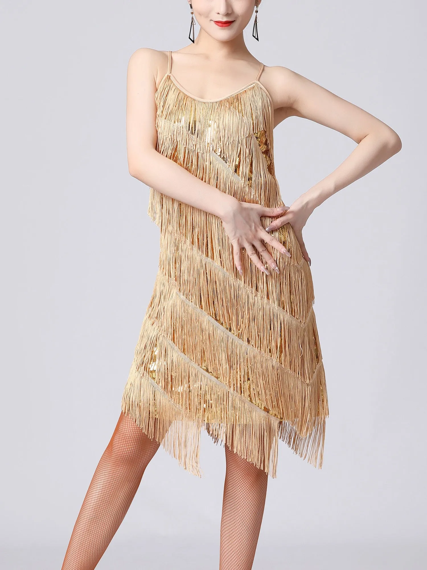 Sequin Fringe Latin Dance Dress Sleeveless Salsa Tango Dance Wear