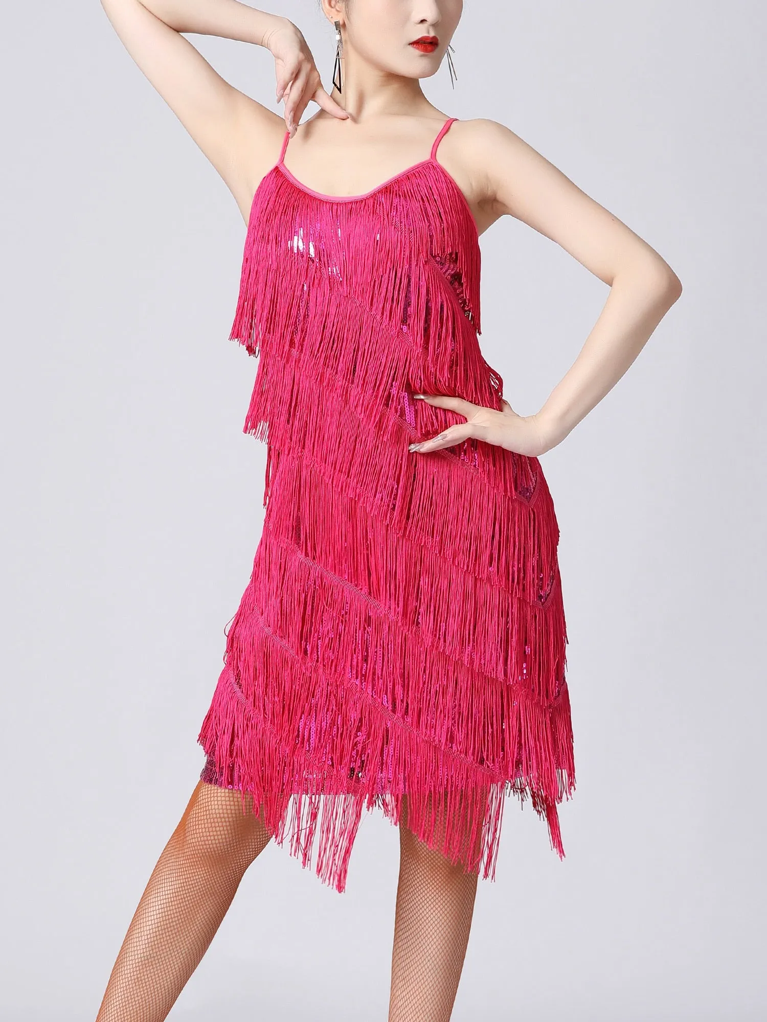 Sequin Fringe Latin Dance Dress Sleeveless Salsa Tango Dance Wear