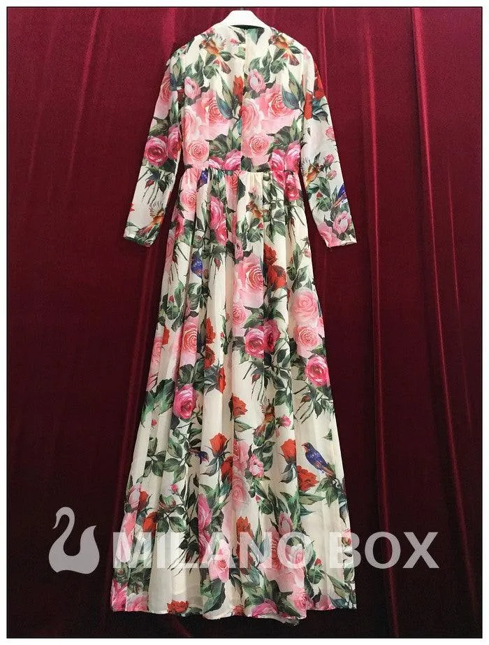 Sequined Beaded Rose Floral Bird Printed Long Dress Maxi Dress With Scarf