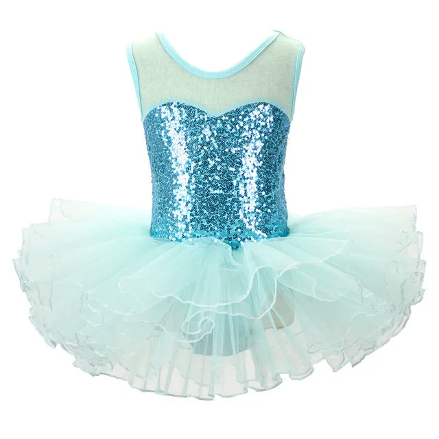 Sequined Young Girls Ballerina Flower Tutu Leotard  Dance Wear Gymnastic  Dress