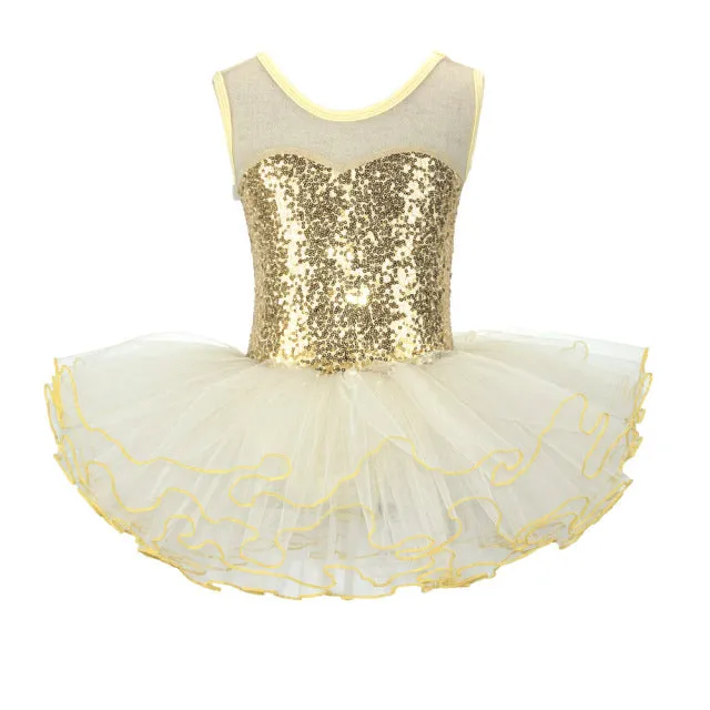 Sequined Young Girls Ballerina Flower Tutu Leotard  Dance Wear Gymnastic  Dress