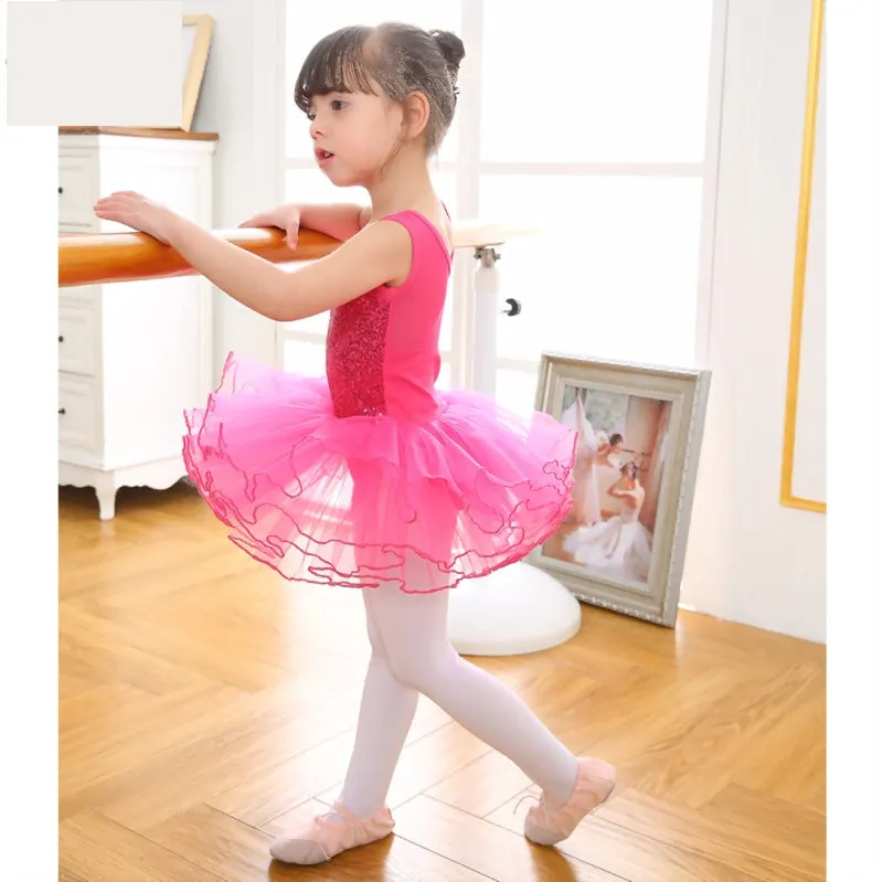 Sequined Young Girls Ballerina Flower Tutu Leotard  Dance Wear Gymnastic  Dress