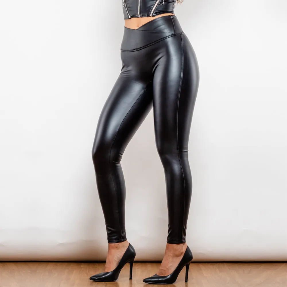 Shascullfites Melody X Cross Matt Black High Waist Leather V Shape Leather Leggings