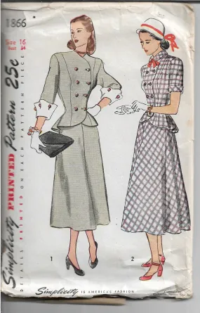 Simplicity 1866 Ladies Two Piece Dress Vintage Sewing Pattern 1940s