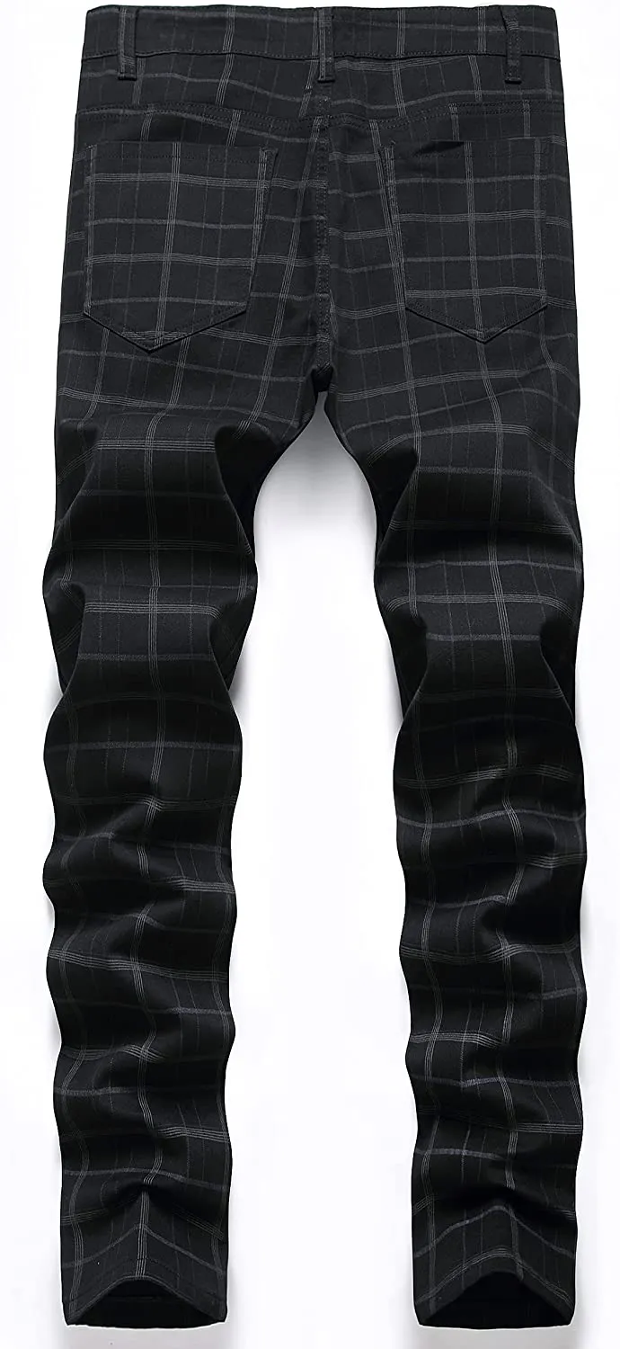 Skinny Fit Plaid Black Flat-Front Stretch Slim Stylish Chino Pants