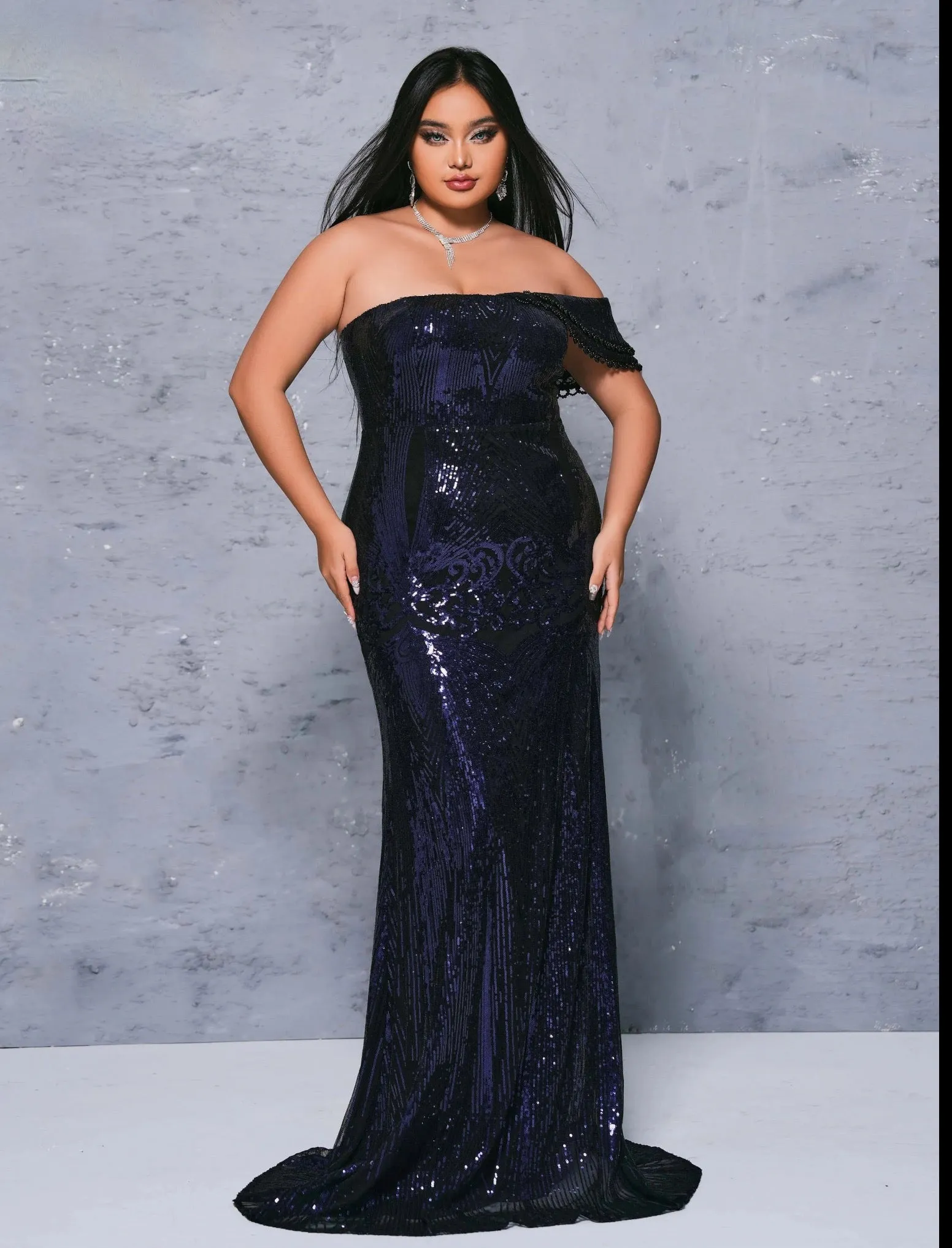 Sleeveless Sequined Dark Blue Mermaid Evening Floor Length Dress