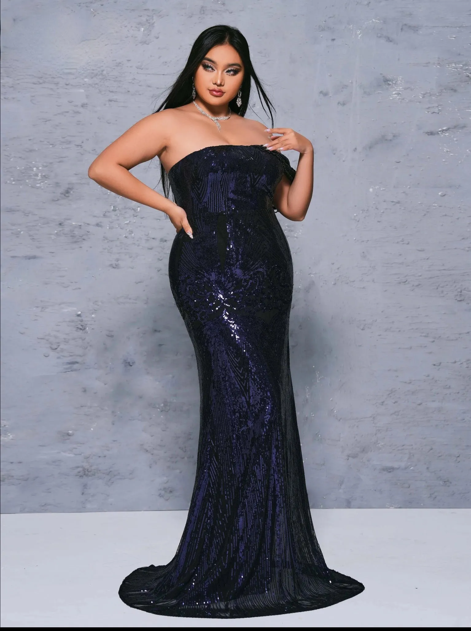 Sleeveless Sequined Dark Blue Mermaid Evening Floor Length Dress