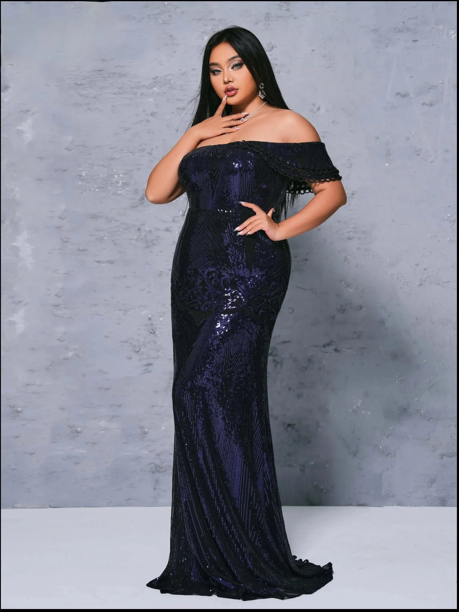 Sleeveless Sequined Dark Blue Mermaid Evening Floor Length Dress