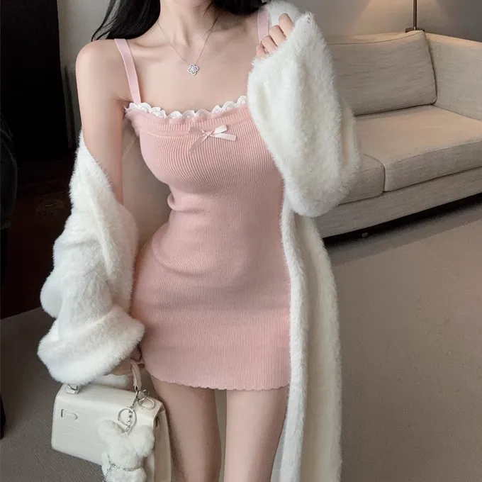 Slim Knitted Suspender Dress Plush Cardigan