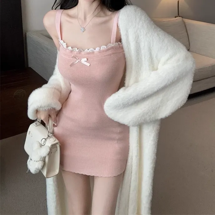 Slim Knitted Suspender Dress Plush Cardigan