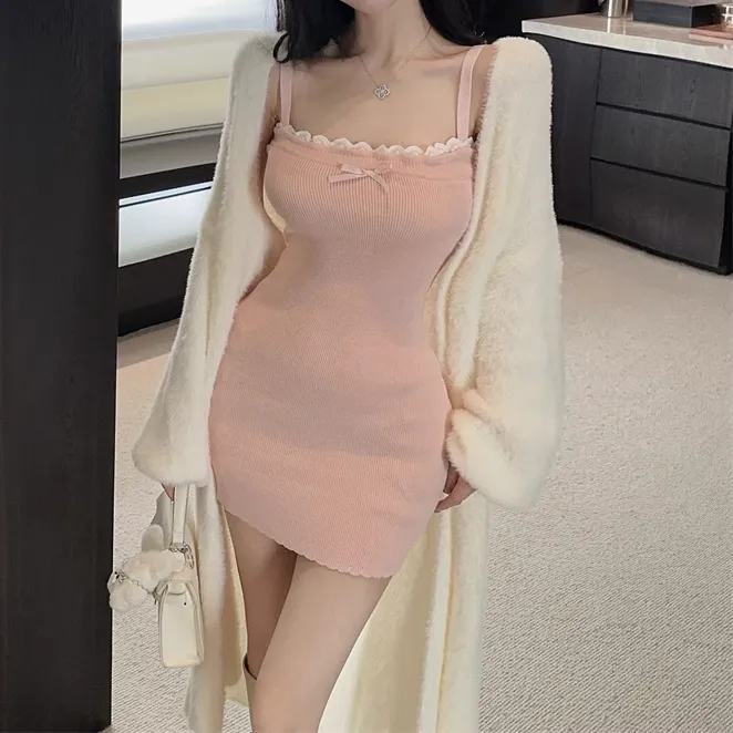 Slim Knitted Suspender Dress Plush Cardigan