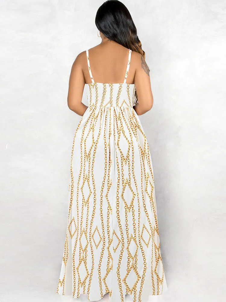 Spaghetti Strap Backless Printed Swing Maxi Dress