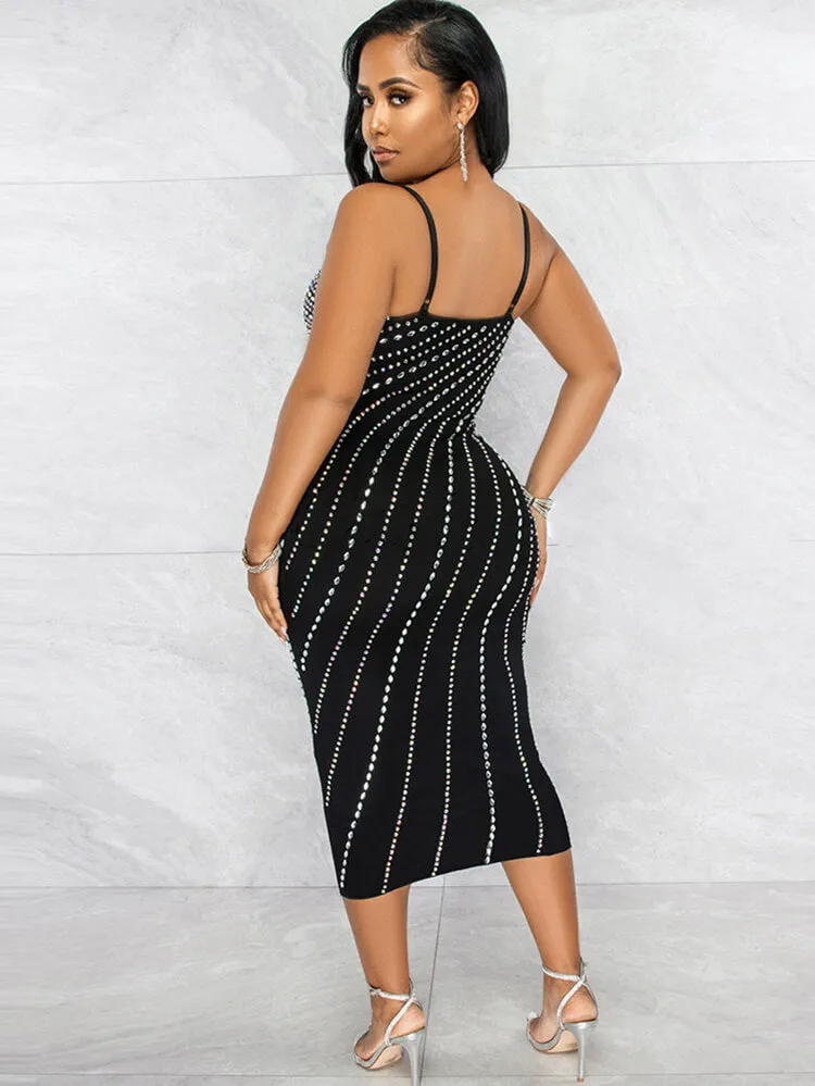 Spaghetti Strap Rhinestone Bodycon Midi Dress