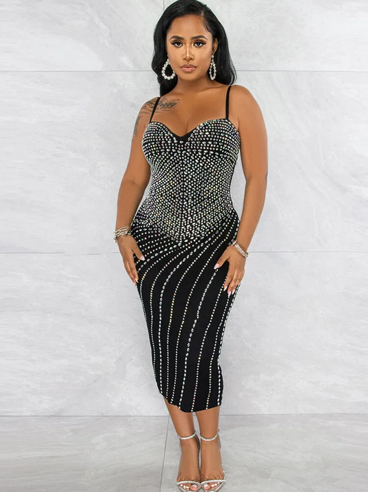 Spaghetti Strap Rhinestone Bodycon Midi Dress