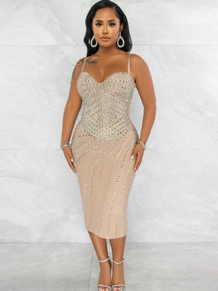 Spaghetti Strap Rhinestone Bodycon Midi Dress