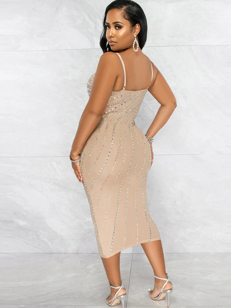 Spaghetti Strap Rhinestone Bodycon Midi Dress