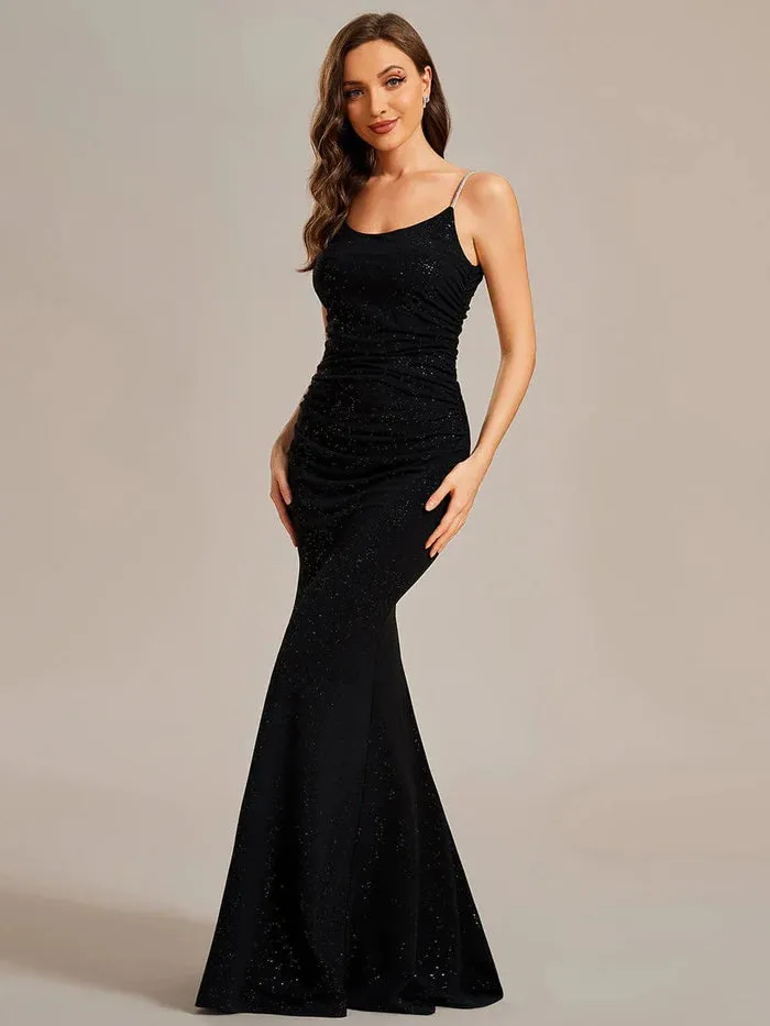 Sparkling Glitter Spaghetti Strap Open Back Bodycon Evening Dress