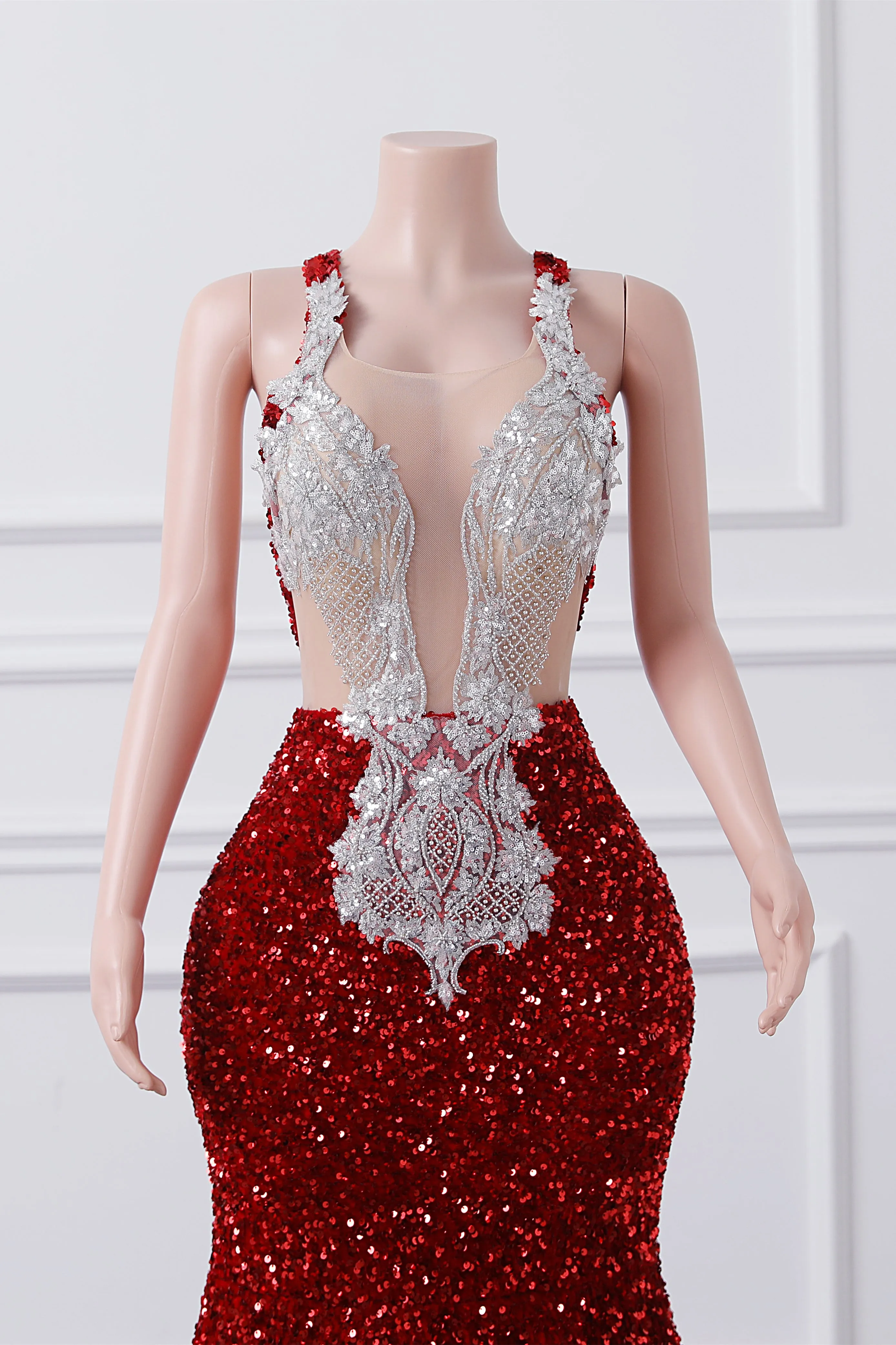 Sparkly Red Sequin Mermaid Prom Dresses Luxury Silver Crystal Beaded Sheer Neck Long Formal Party Evening Gowns for Black Girls