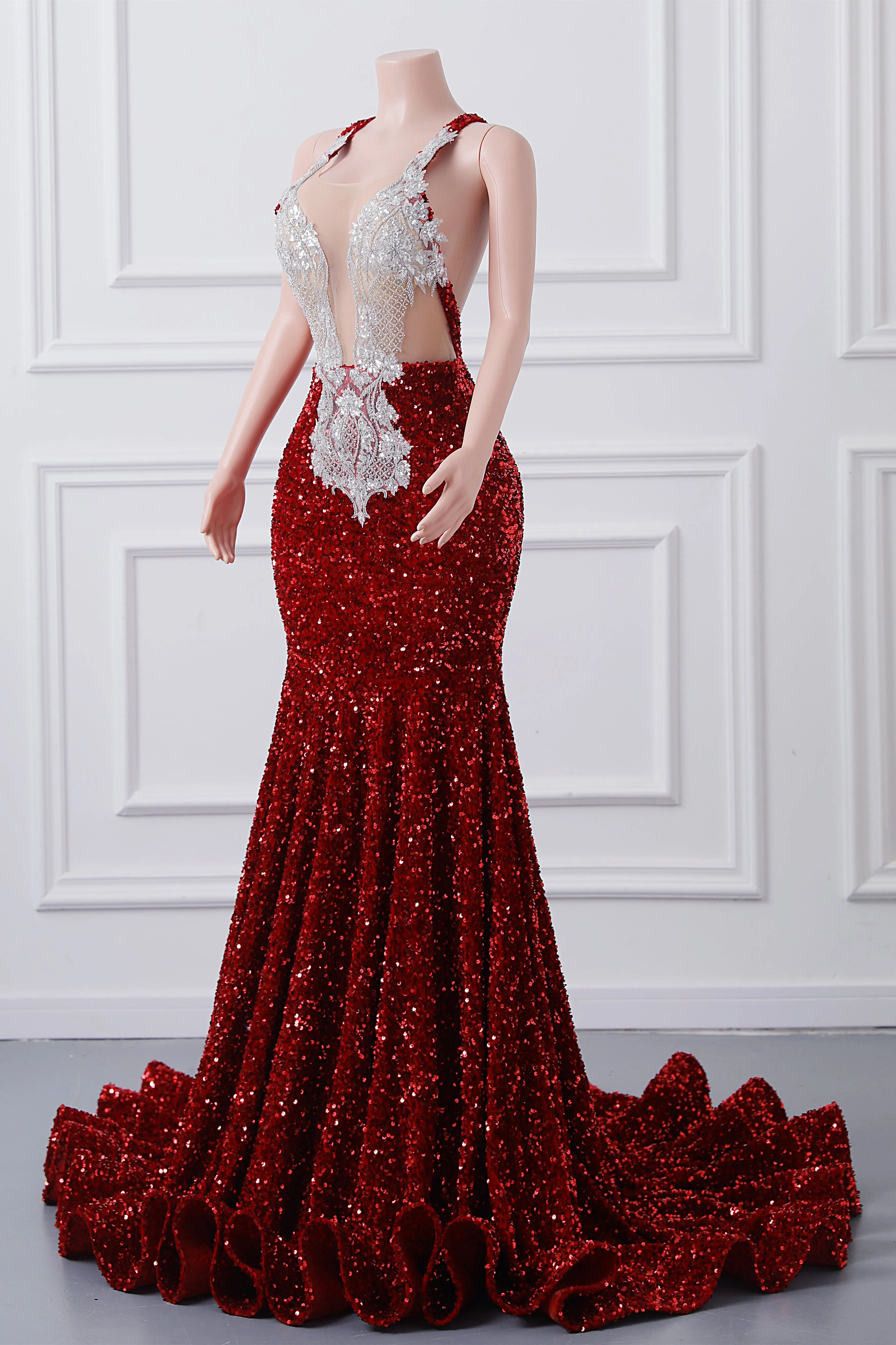 Sparkly Red Sequin Mermaid Prom Dresses Luxury Silver Crystal Beaded Sheer Neck Long Formal Party Evening Gowns for Black Girls