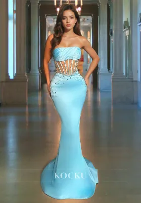 Strapless Mermaid Prom Dress Sleeveless Beads Satin Evening Party Dress with Train