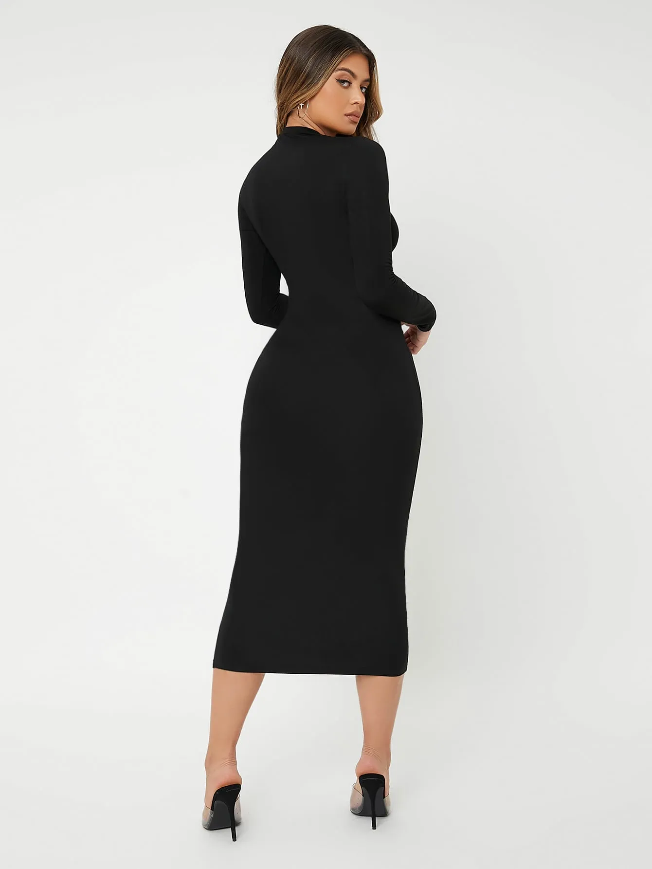 SXY Zip Front Solid Bodycon Dress