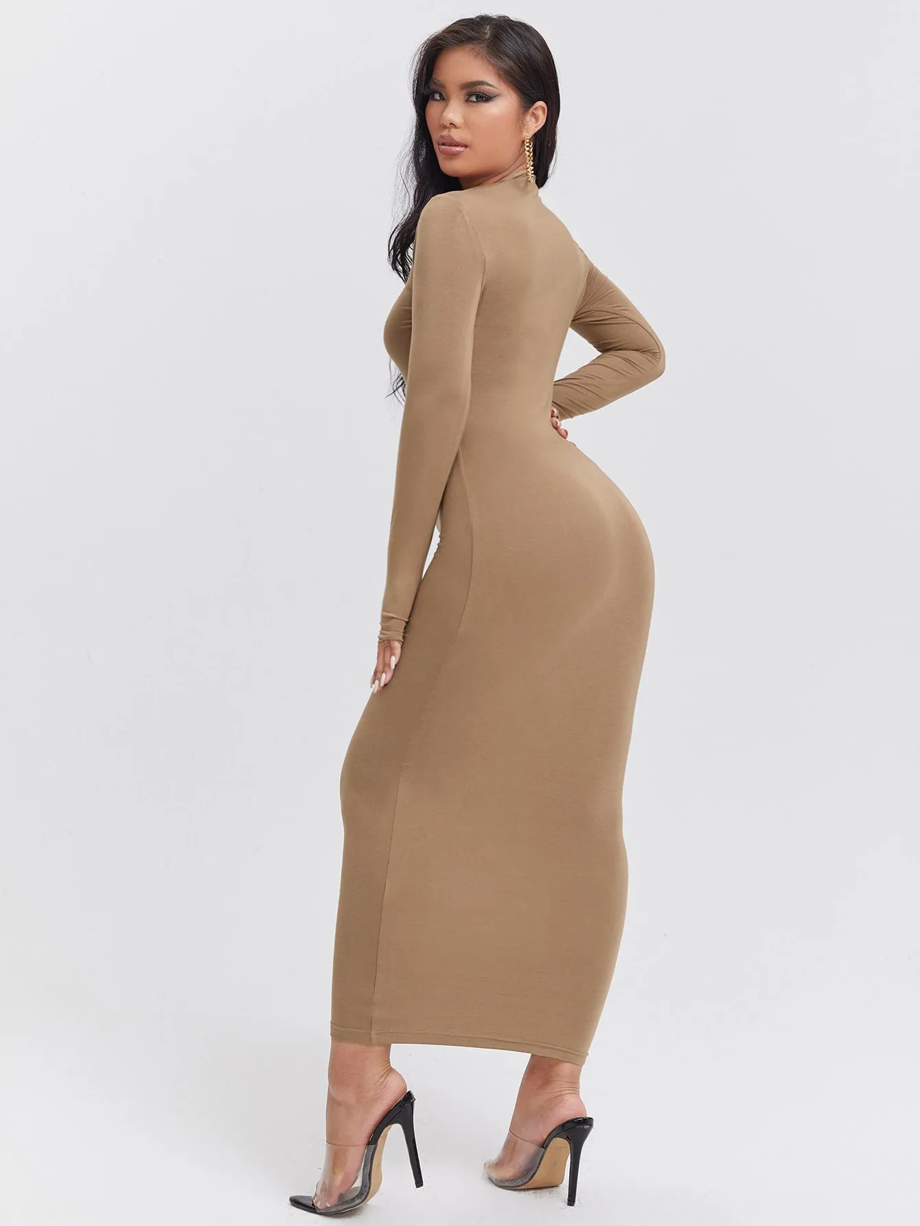 SXY Zip Front Solid Bodycon Dress