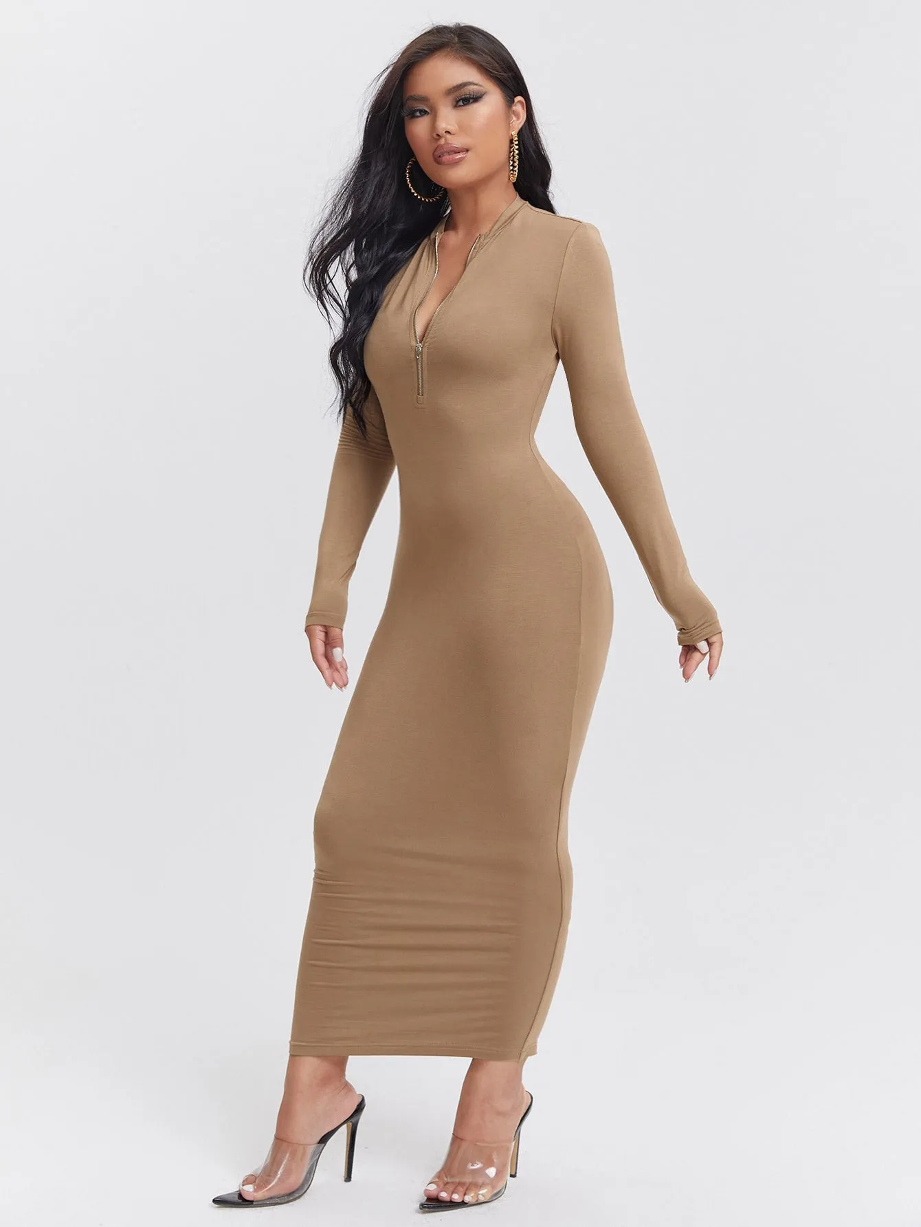 SXY Zip Front Solid Bodycon Dress