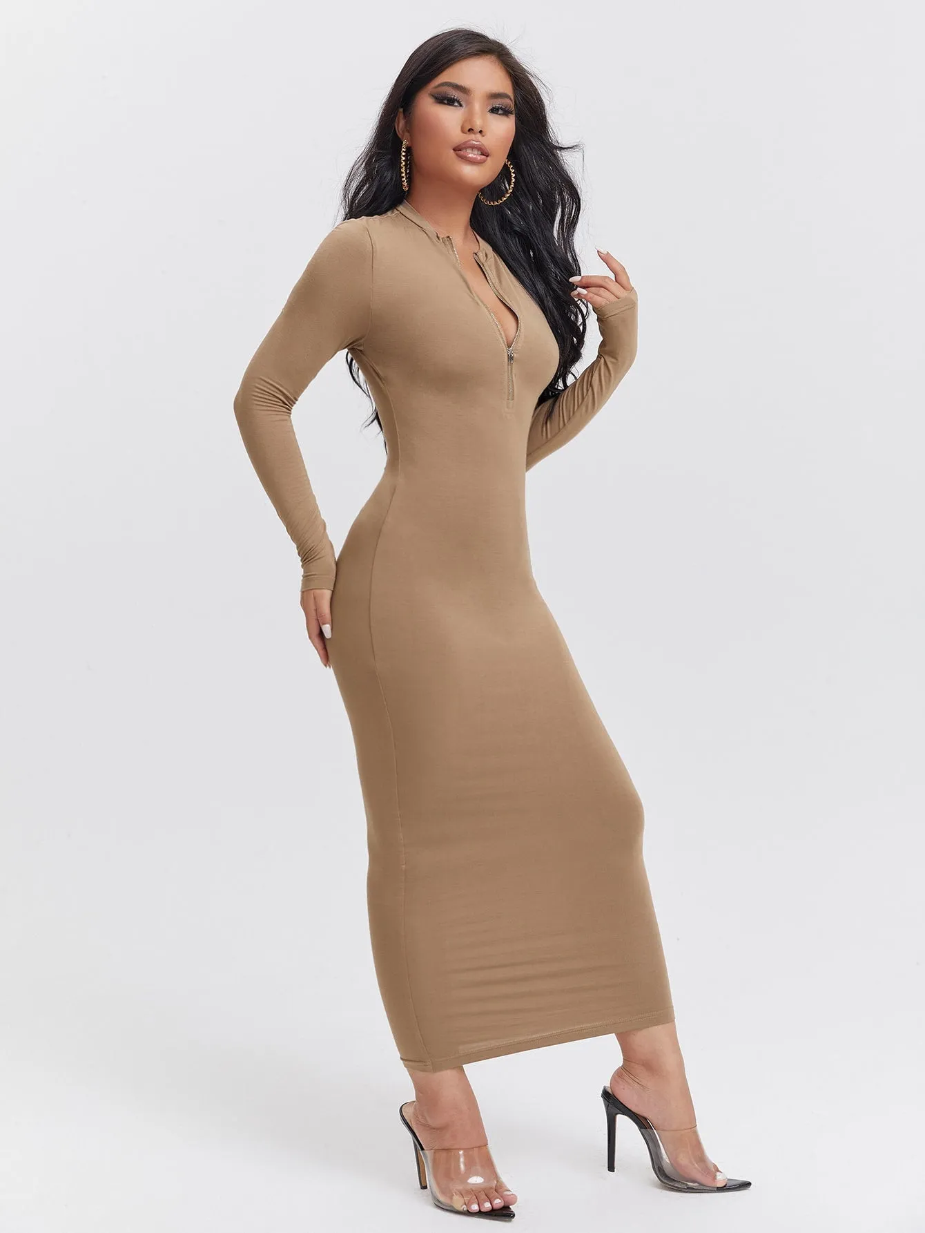 SXY Zip Front Solid Bodycon Dress