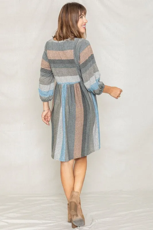 TEEK - Mix Stripe Balloon Sleeve Dress