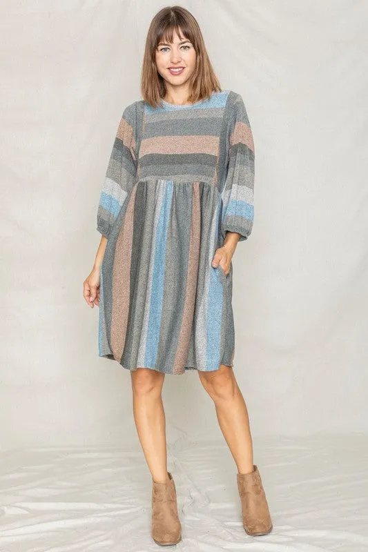 TEEK - Mix Stripe Balloon Sleeve Dress