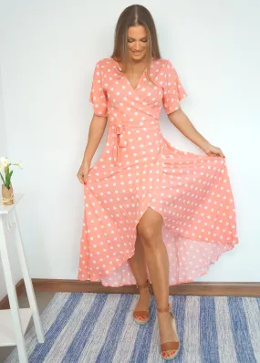 The Maxi Wrap Dress - Peach Polka