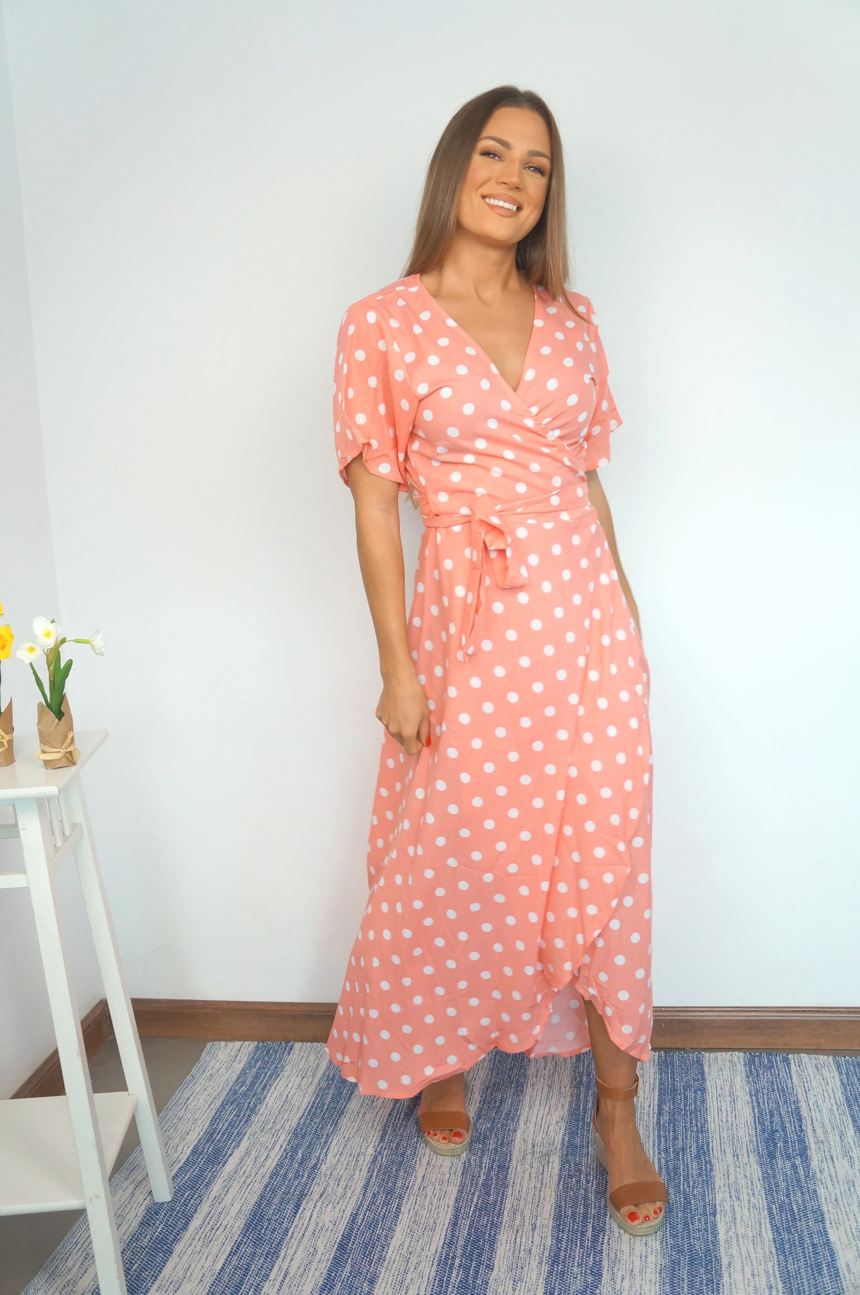 The Maxi Wrap Dress - Peach Polka