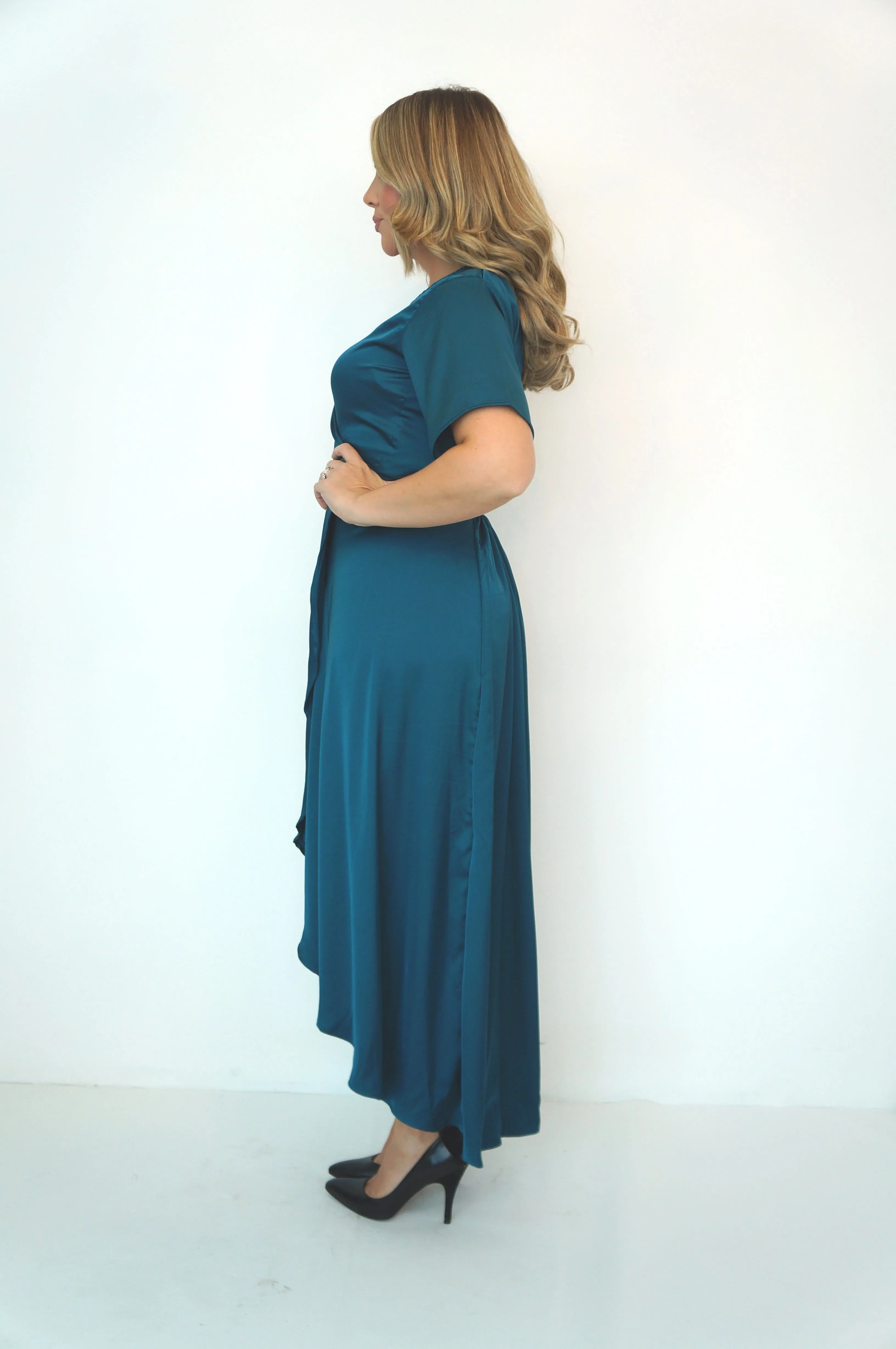 The Maxi Wrap Dress - Petrol Blue Satin