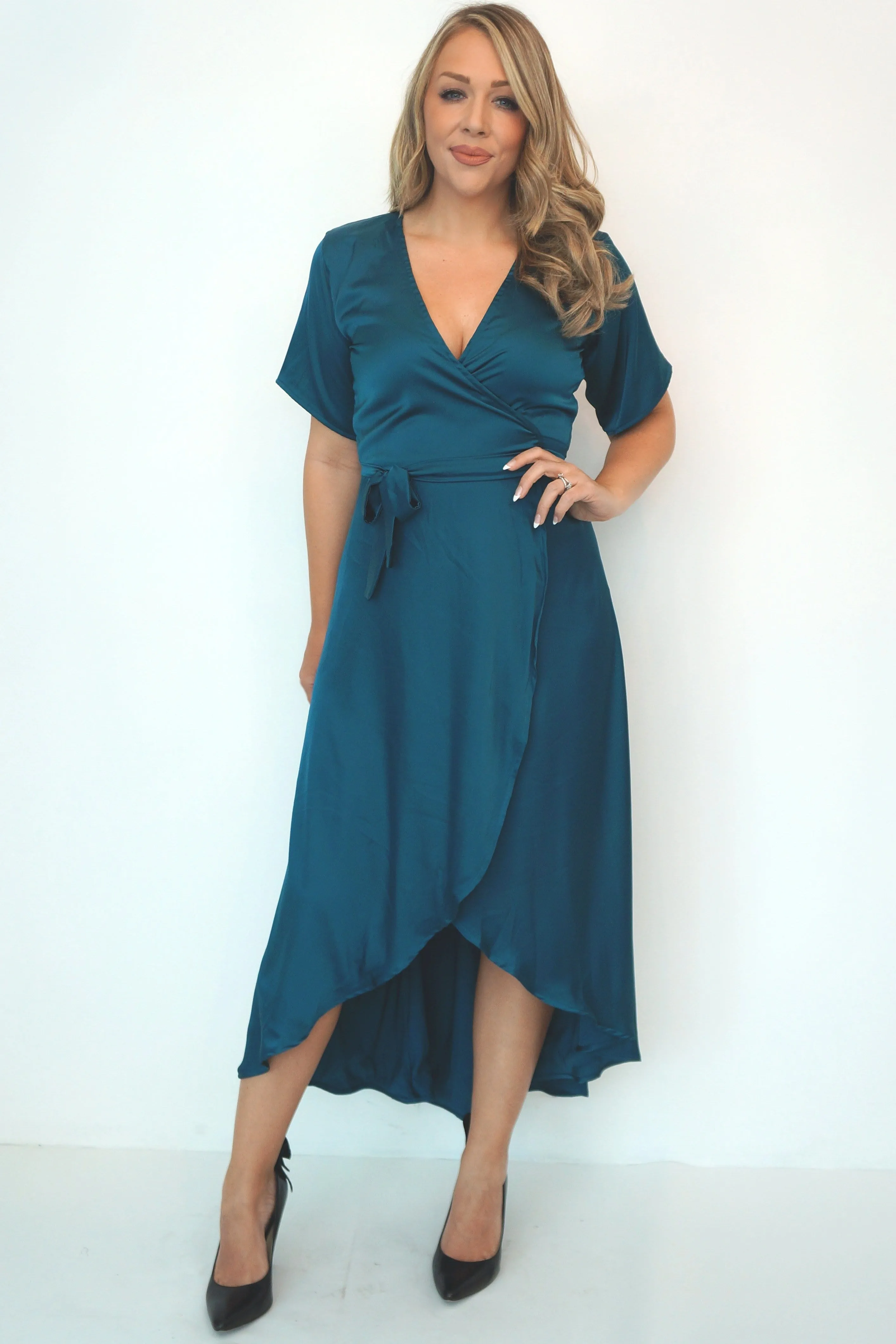 The Maxi Wrap Dress - Petrol Blue Satin