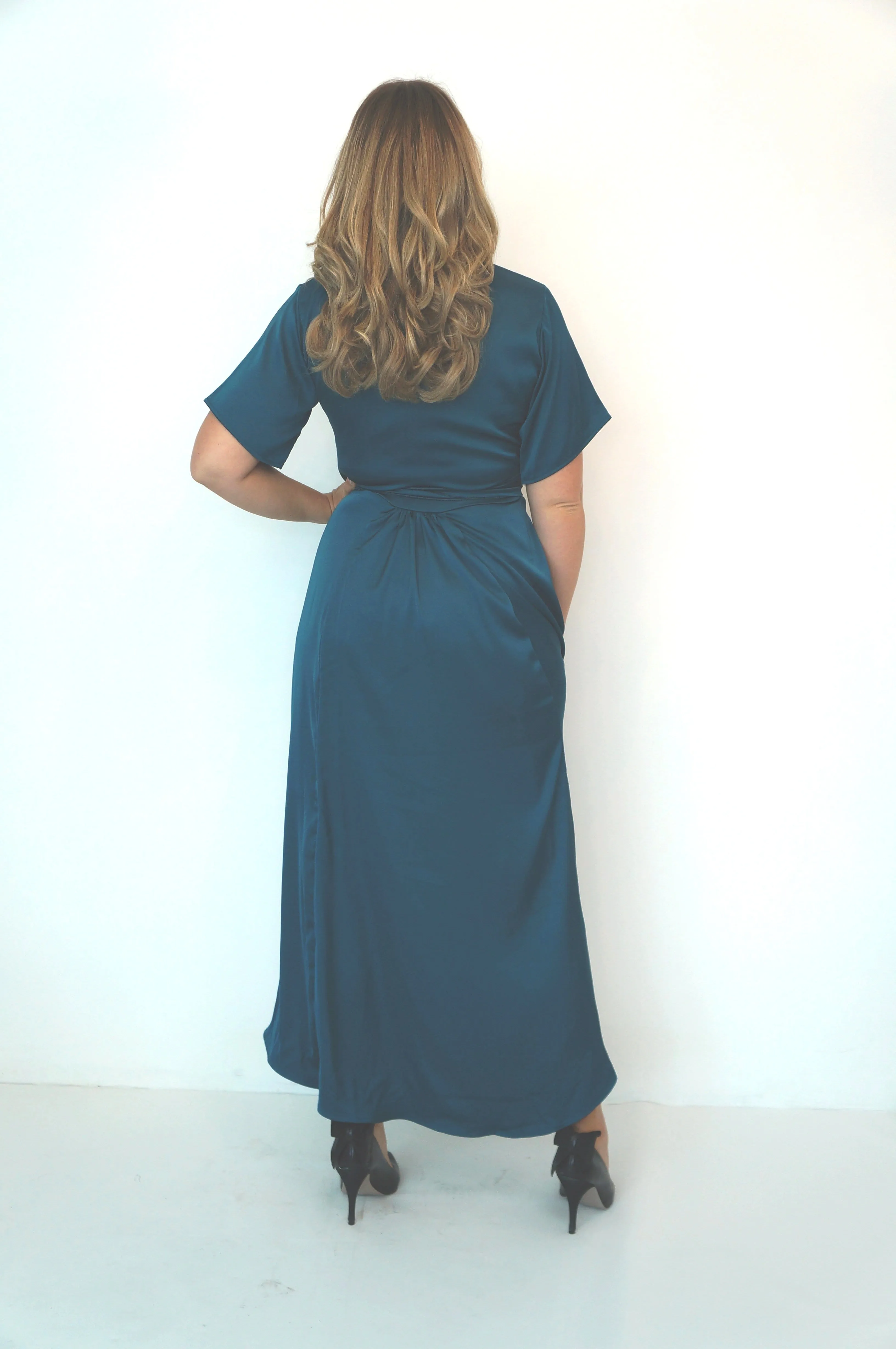 The Maxi Wrap Dress - Petrol Blue Satin