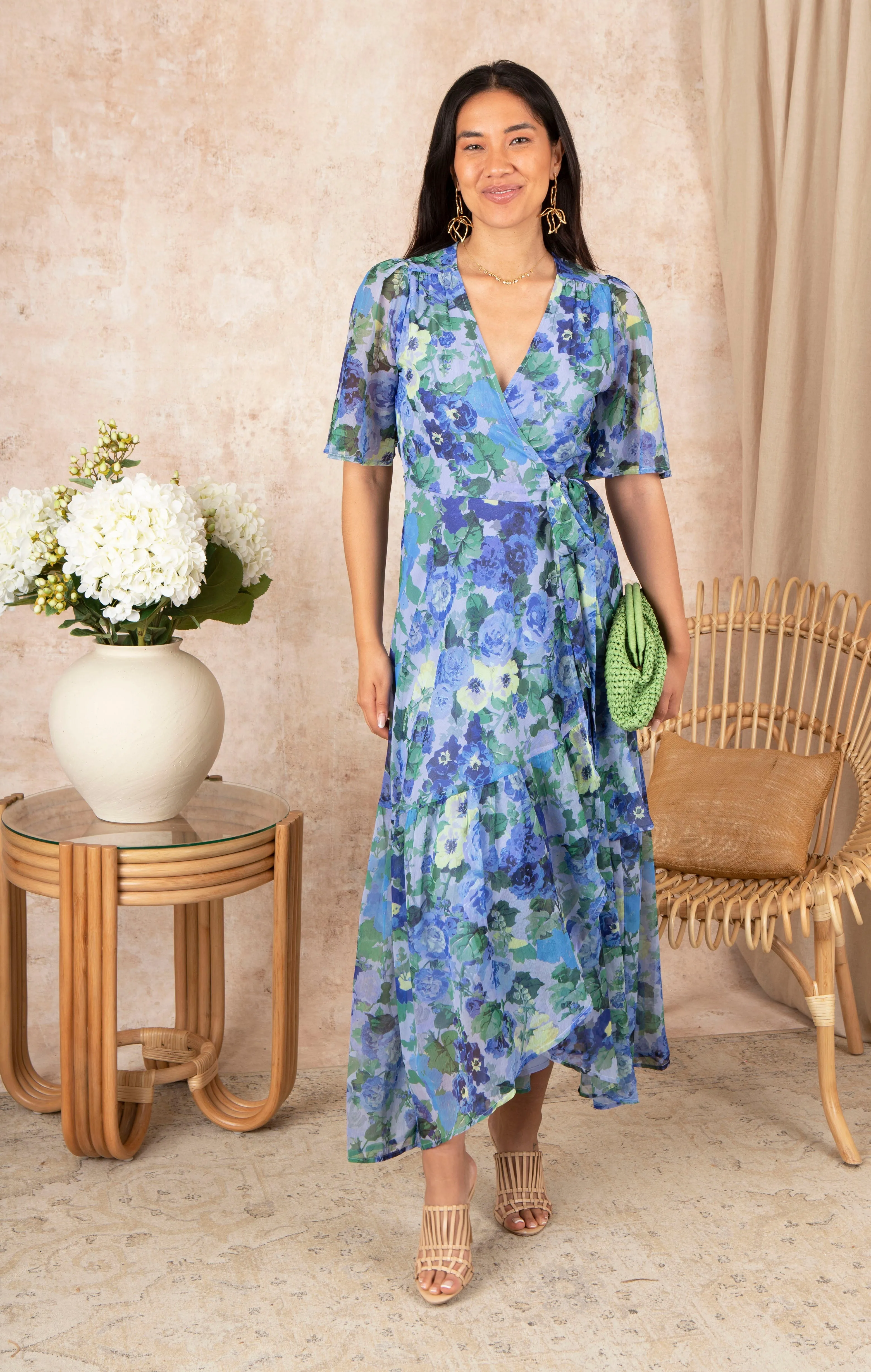 THE NORA FLUTTER SLEEVE MAXI WRAP DRESS (BLUE) CURVE