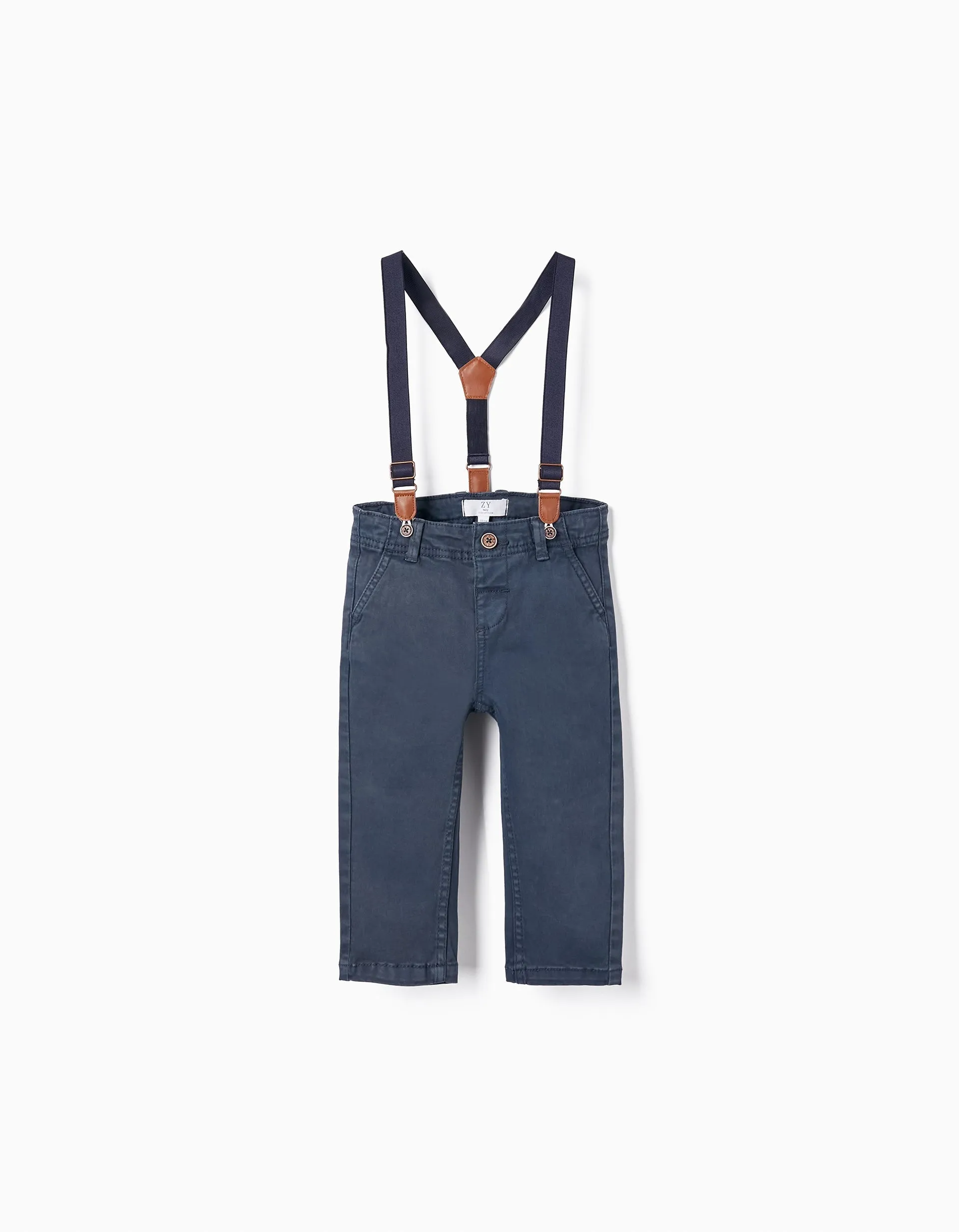 Twill Trousers with Suspenders for Baby Boys, Dark Blue