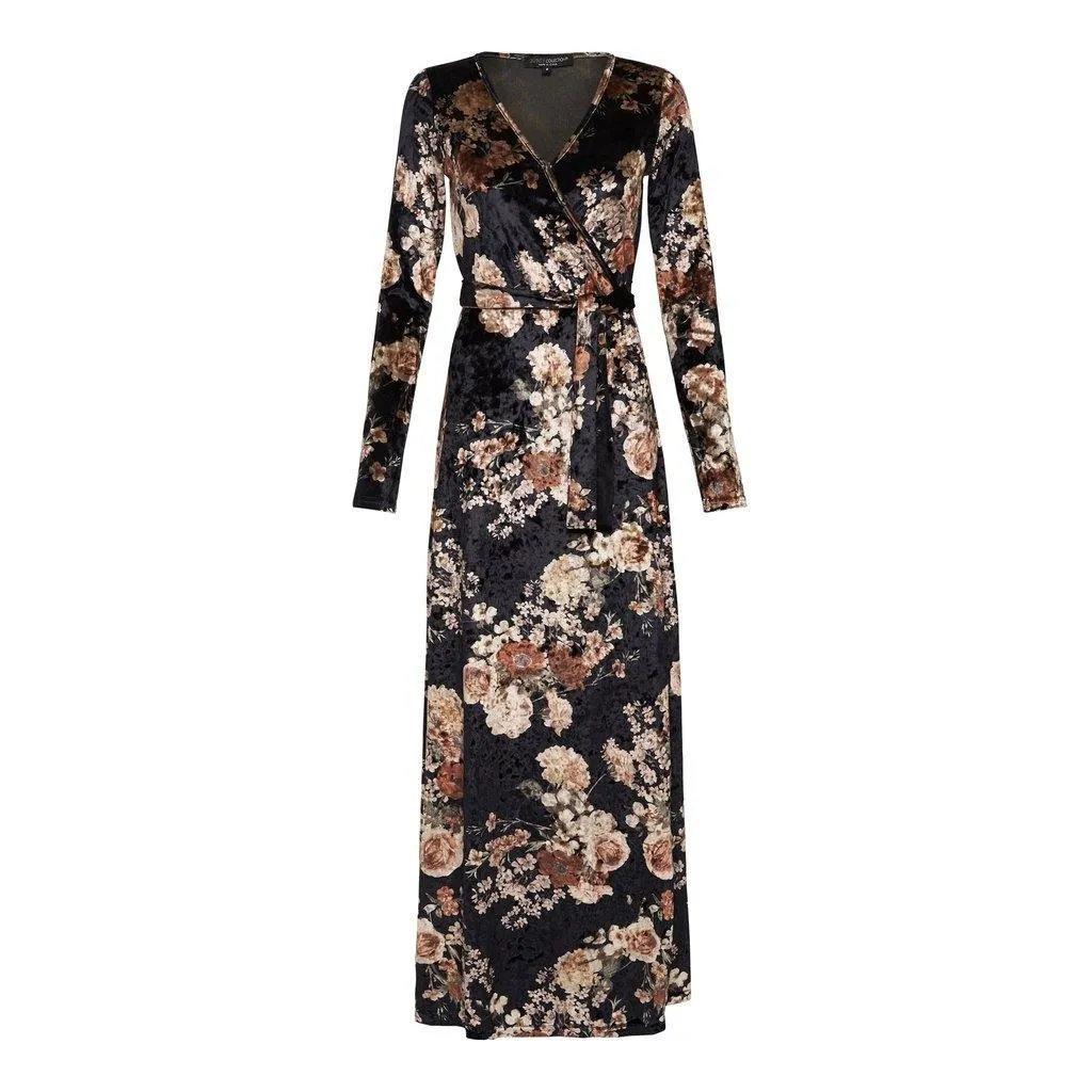 Velvet Black Bouquet Wrap Dress