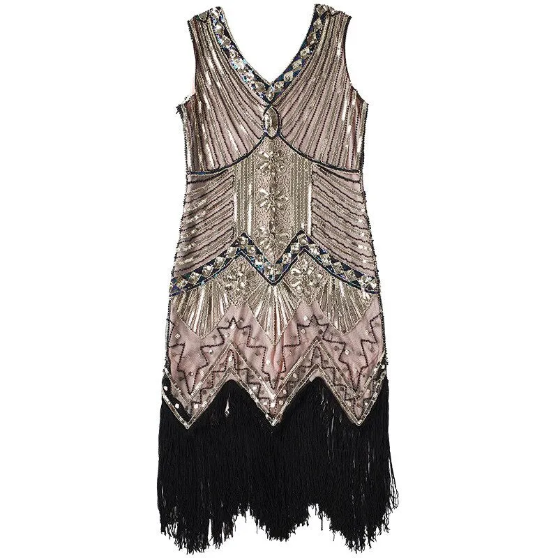 Vintage 1920s Art Deco Fringe Flapper Dress Sequin Dinner Party Formal