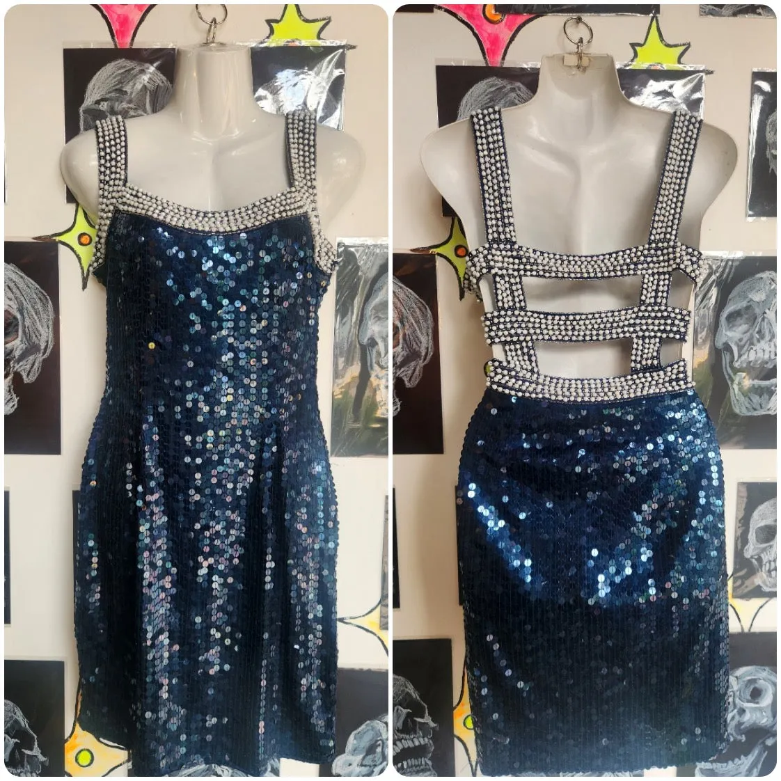 Vintage 80s 90s | Niteline Fully Sequined Party Cage Back Mini Dress | Size 8