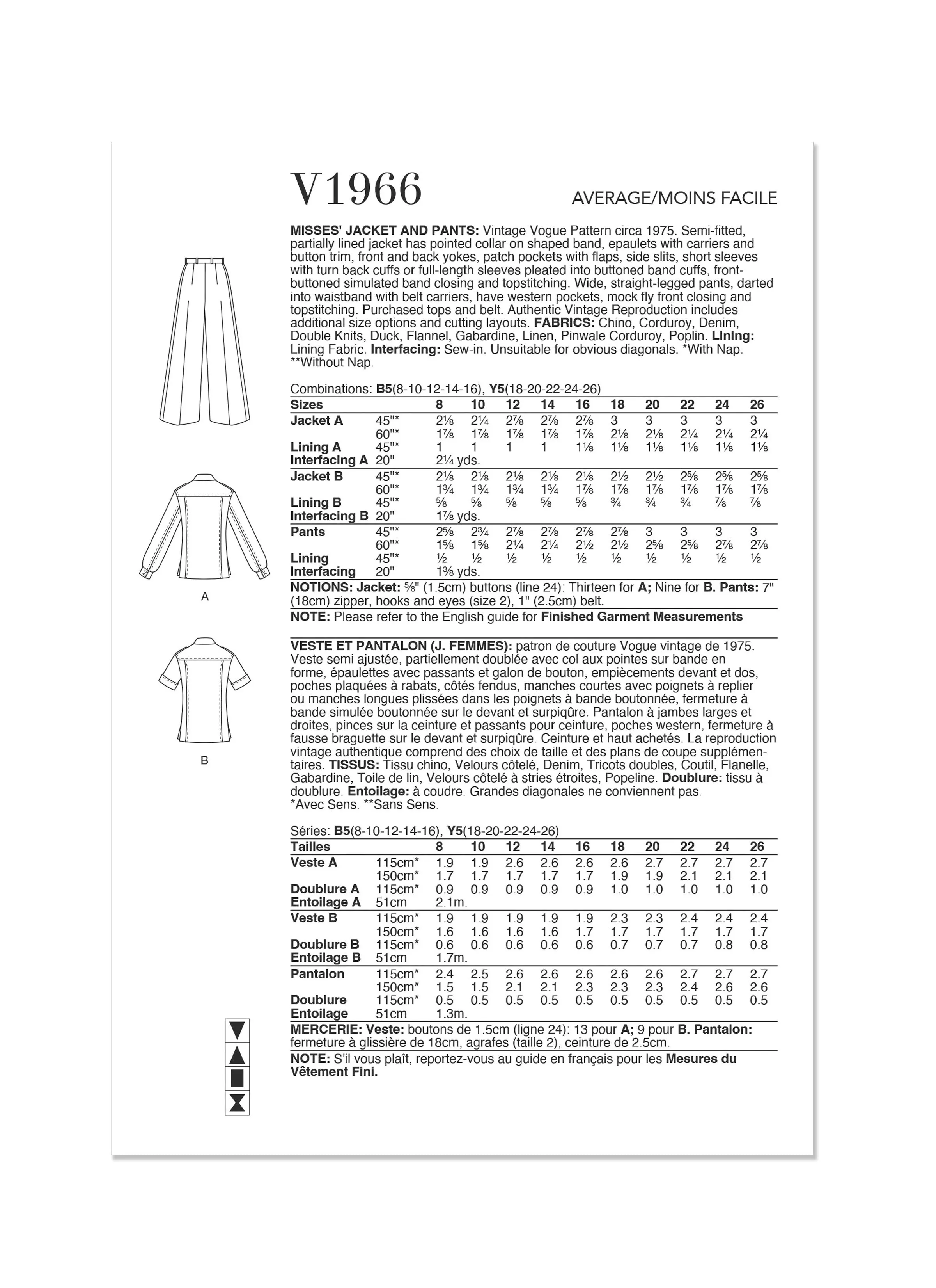 Vogue Sewing Pattern 1966 Misses' Jacket and Pants