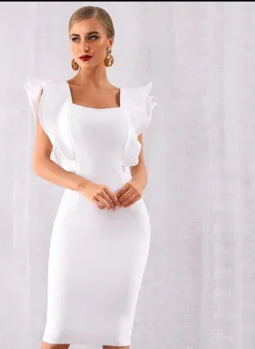 White Bodycon Dress Ruffles Butterfly Sleeve