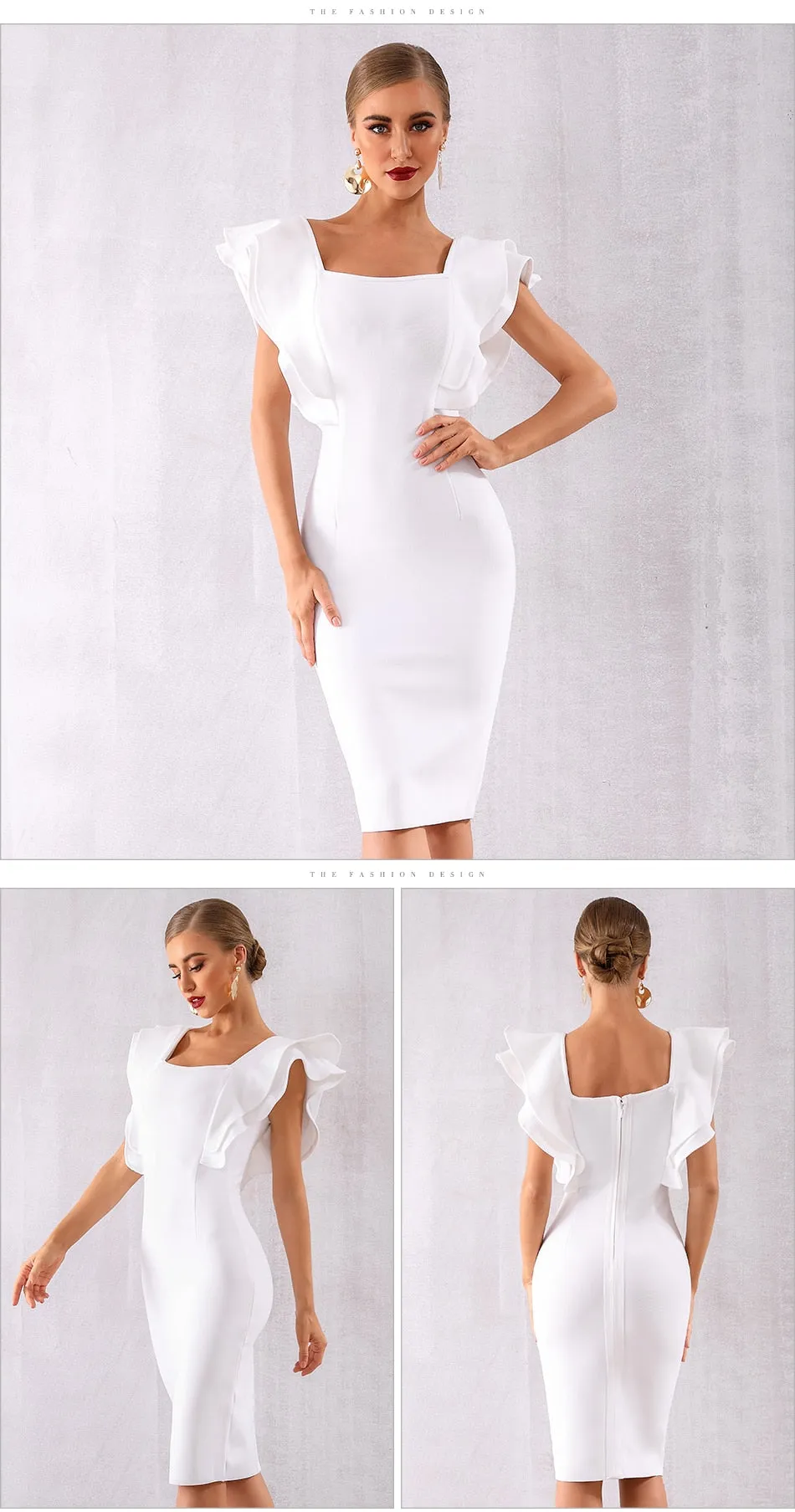 White Bodycon Dress Ruffles Butterfly Sleeve