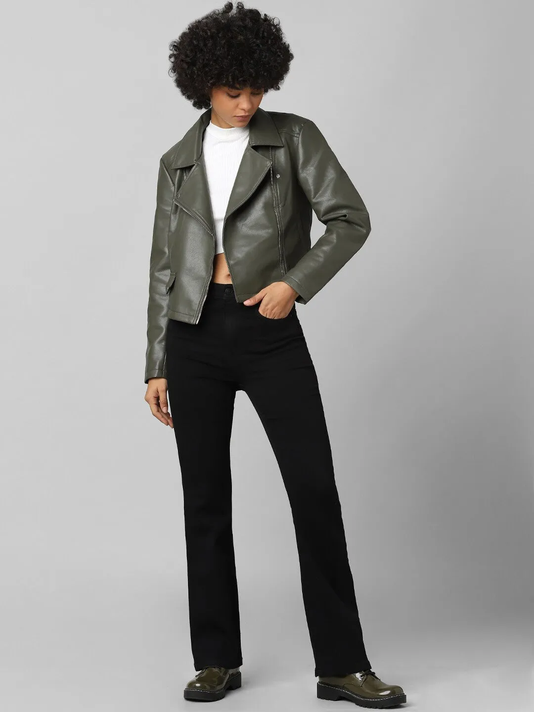 Women Green Crop Biker Leather Jacket | QAWACH