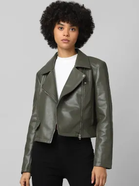 Women Green Crop Biker Leather Jacket | QAWACH