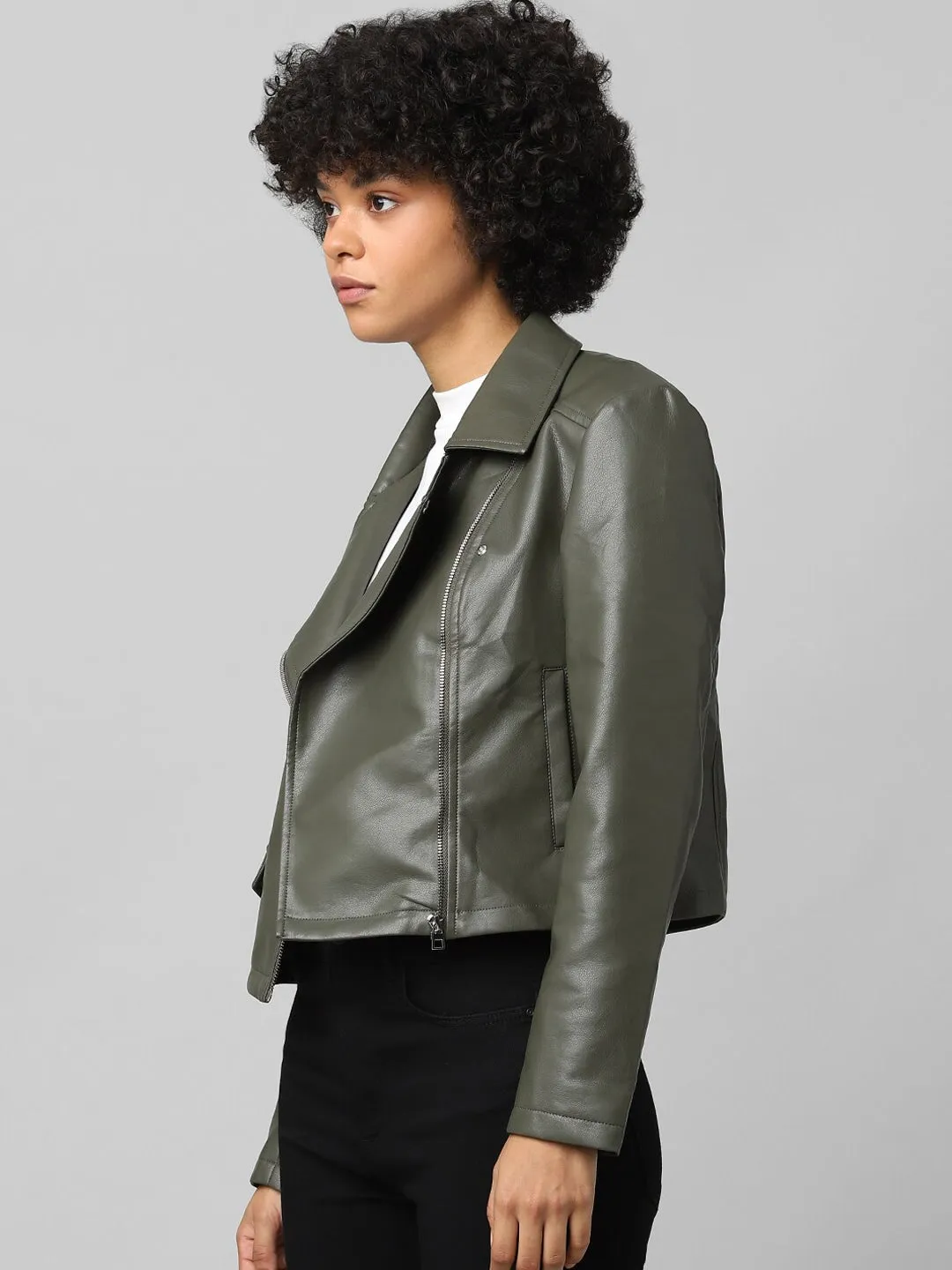 Women Green Crop Biker Leather Jacket | QAWACH